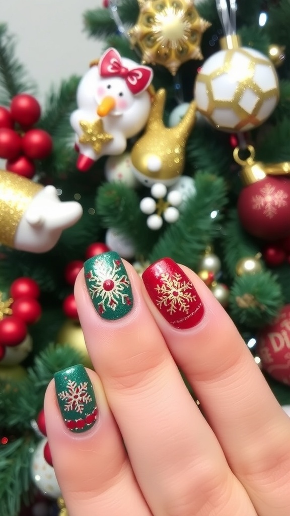 Elegant Christmas nail art design with red and green polish, gold glitter, and white snowflakes.